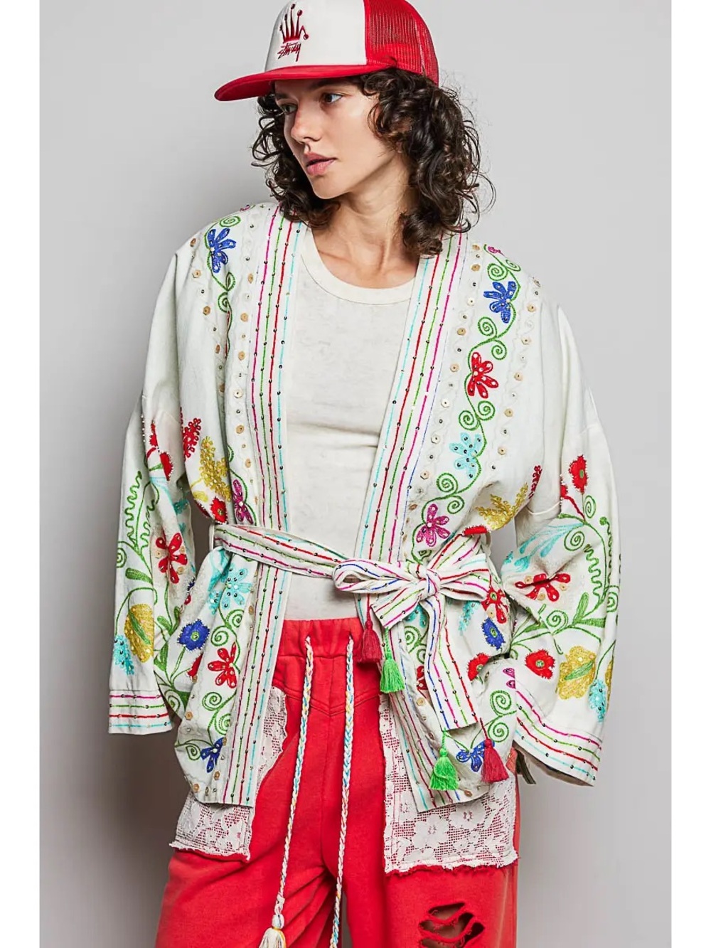 POL Long Sleeve Tassel Trim Waist Band Printed Woven Cardigan - S M L - Picture 2 of 4